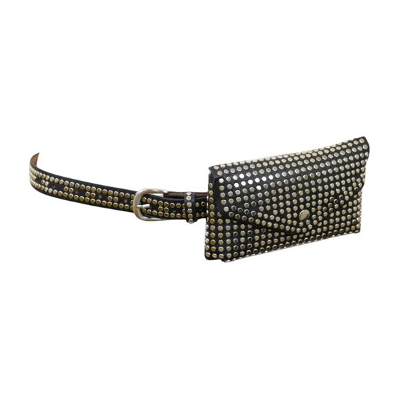 Women Black Faux Leather Skinny Belt + Wallet Bag Silver Studs Size S M z037 main image 12